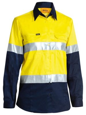 yellow/navy Women's Taped Hi Vis Cool Lightweight Drill Shirt front
