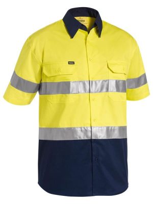 Yellow/Navy Bisley S/S Taped Hi Vis Cool Lightweight Shirt front