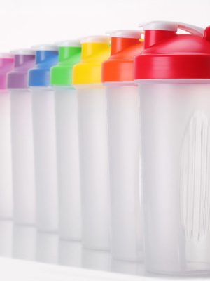 Protein Shaker Frosty body with black, blue, red, green, orange lid