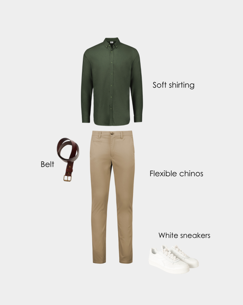multi functional uniform inspo featuring green long sleeve shirting and beige chinos