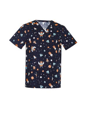 CST148MS Mens Printed Space Party Scrub Top - front ghost image