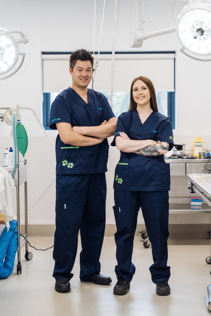 man and woman wearing custom RSPCA scrubs